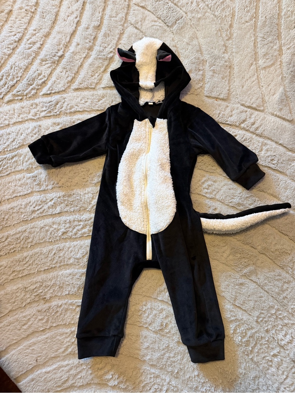 6 month Black and White Skunk Kids Costume Onesie - Plush Hooded Romper